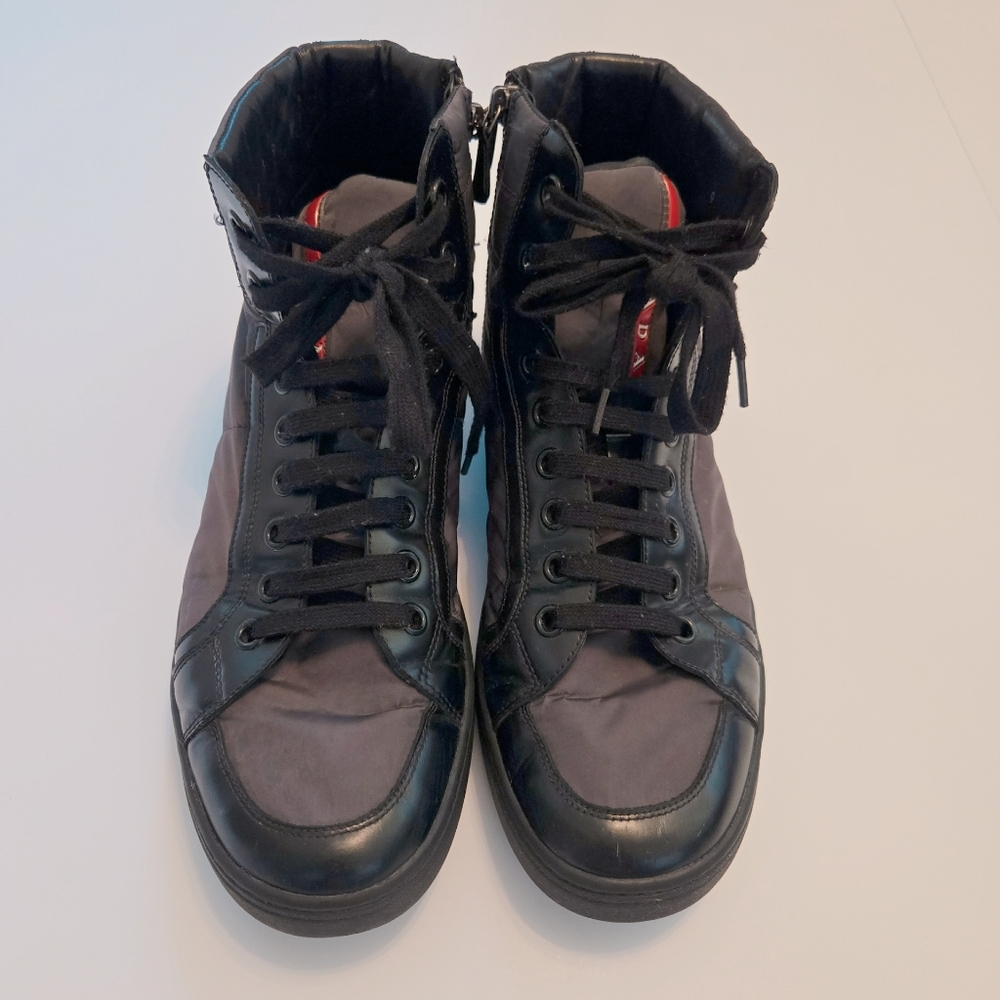 PRADA Mens High Top Nylon And Leather Red Stripe Luna Rosa Sport Style Sneaker